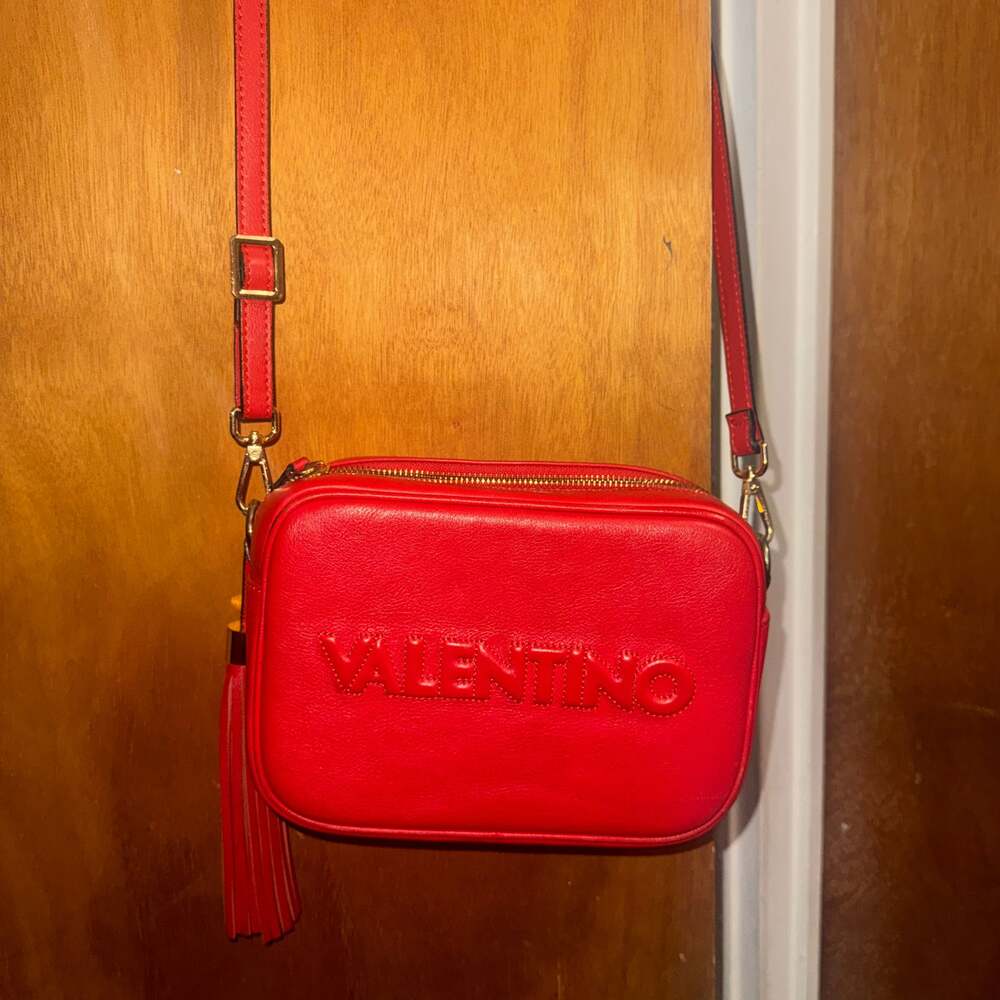 Valentino by Mario Valentino Mia Embossed Leather Camera Crossbody Bag in Red